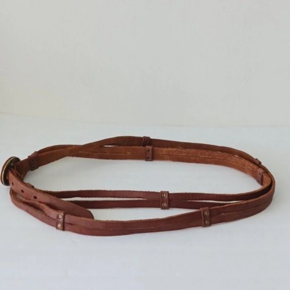 Vtg Unique Genuine Leather Double Hips Studded Belt Brown SZ. M-L